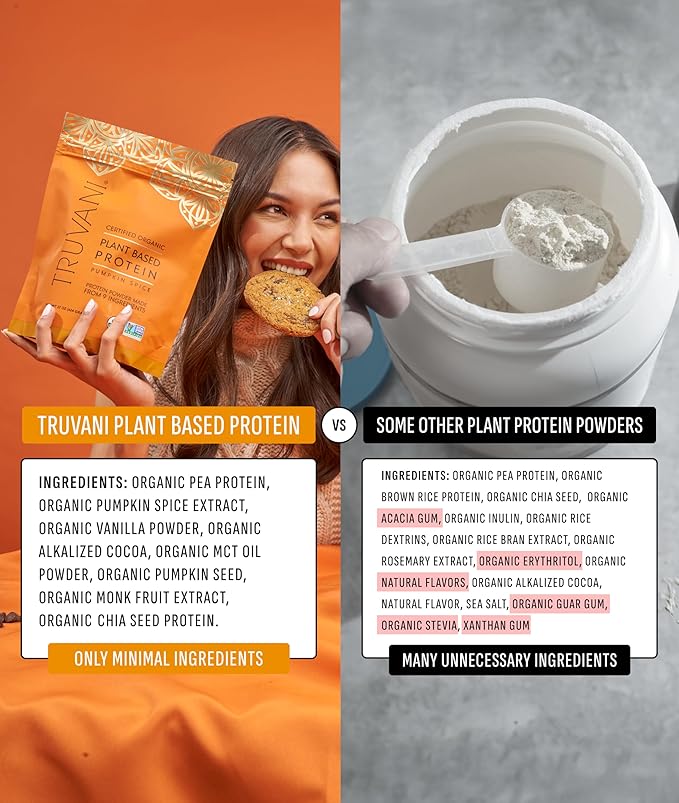 Truvani Vegan Pea Protein Powder | Pumpkin Spice | 20g Organic Plant Based Protein | 10 Servings |
