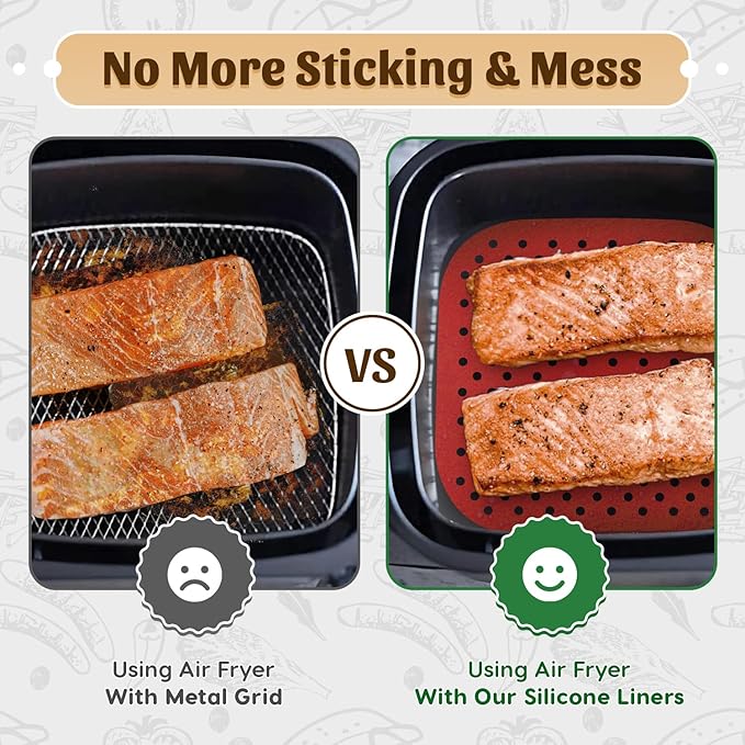Reusable Square Silicone Air Fryer Liners (8.5 Inch, 3 Pack) by Linda’s Essentials - Non-Stick, Easy-Clean Accessories with Cheat Sheet & Recipe Book, Perfect for Quick Meals