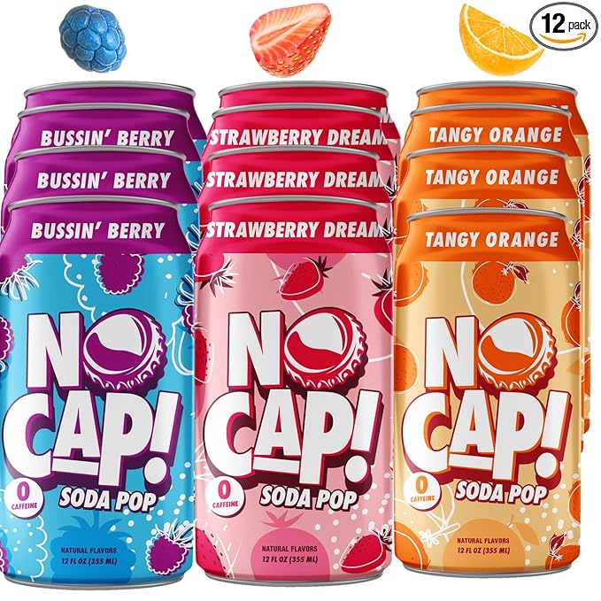 No Cap! Healthy Soda Alternative, Zero Sugar, No Calories, Caffeine Free, Vegan, Gluten Free, For Kids, Teenagers & Adults,12 Oz Cans, 12 Pack, Bussin Berry, Tangy Orange, Strawberry Dream (OG Pack)