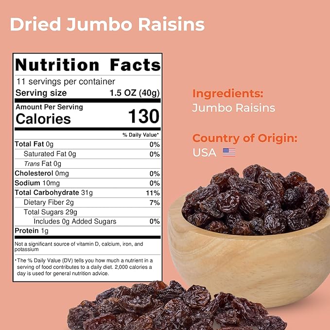 Amrita Dried Jumbo Raisins 1 lb | Naturally Sweet, Gluten-Free Snack | Dried Grapes Packed Fresh in Resealable Bags | Vegan, non-GMO, Allergen Friendly Healthy Snacks | Ideal for Trail Mix