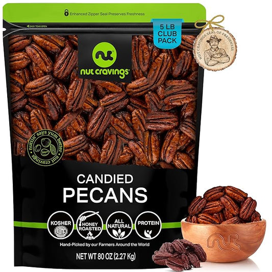 NUT CRAVINGS - Candied Pecans Honey Glazed Praline, No Shell (80oz - 5 LB) Bulk Nuts Packed Fresh in Resealable Bag - Healthy Protein Food Snack, Food Assortments