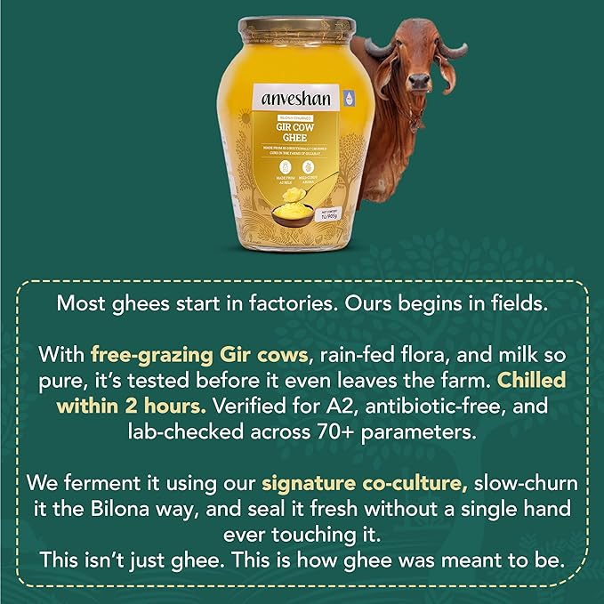 Anveshan A2 Gir Cow Desi Ghee Clarified Butter 33 Fl. Oz/1000mL | Grass-Fed | Pasture-Raised | Traditional Curd-Churned Bilona Method| Ayurveda Superfood | Rich Aroma