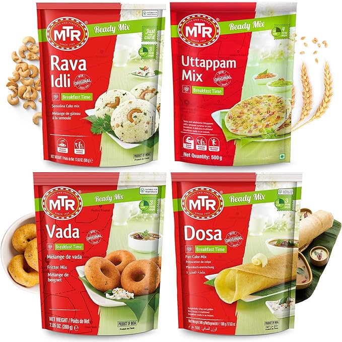 MTR Instant Assorted Mix - Ready to Cook Authentic Indian Breakfast, Lunch, Dinner & Snack Meal - No Added Preservatives - A Quick & Easy Recipe Suitable for Vegetarians - (Breakfast Mixes, Pack of 4)