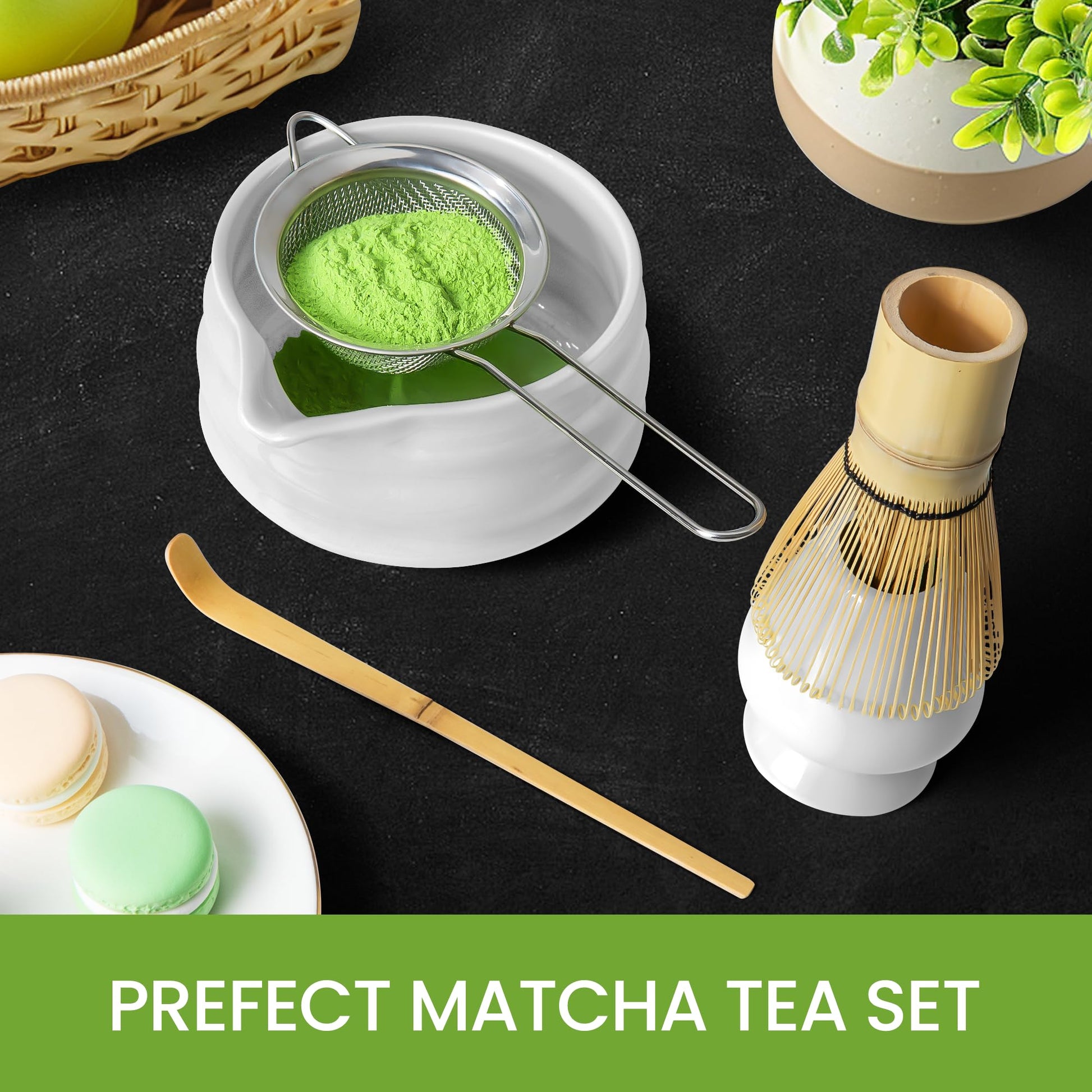 Matcha Whisk Set and Bowl, Matcha Making Kit Whisk, Bowl With Spout, Powder Starter Sifter, Ceramic