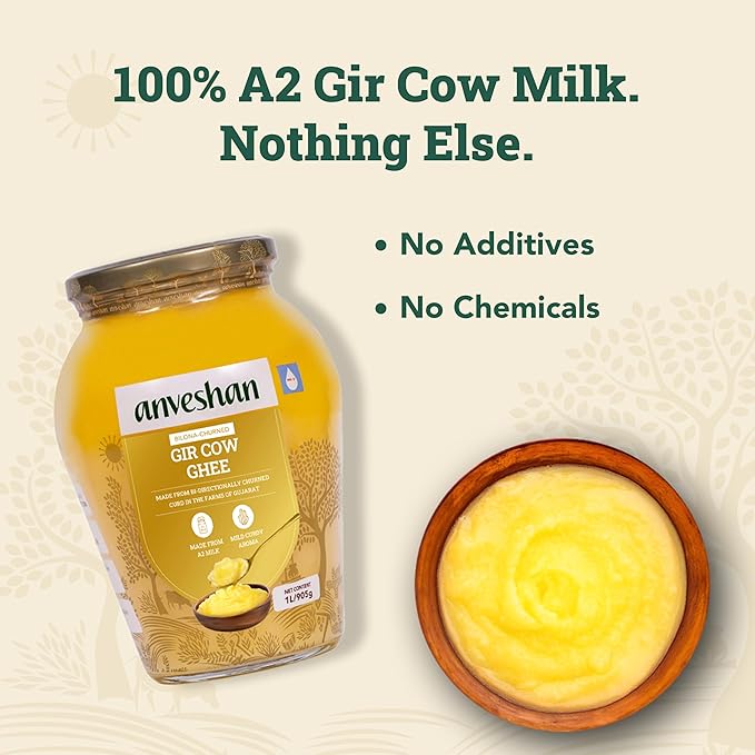 Anveshan A2 Gir Cow Desi Ghee Clarified Butter 33 Fl. Oz/1000mL | Grass-Fed | Pasture-Raised | Traditional Curd-Churned Bilona Method| Ayurveda Superfood | Rich Aroma