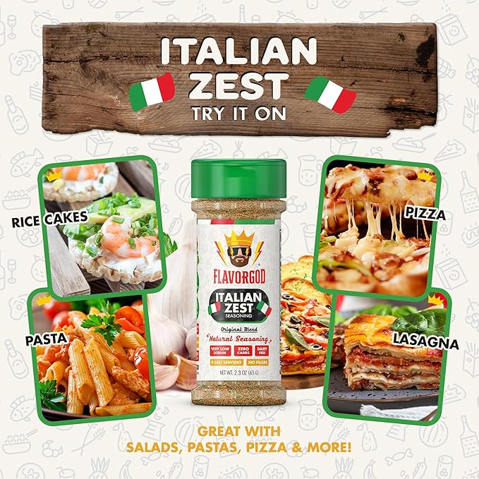 Italian Zest Seasoning Mix by Flavor God - Premium All Natural & Healthy Spice Blend for Salad, Pasta, Chicken & Seafood - Kosher, Low Sodium, Dairy-Free, Vegan & Keto Friendly - Great Flavor Spices and Seasoning Gift