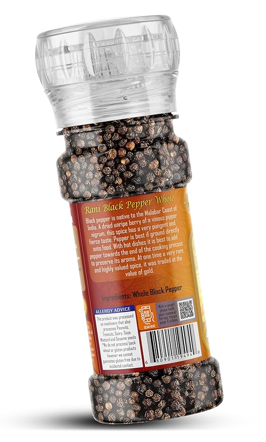 Rani Black Pepper Whole (Peppercorns), Premium MG-1 Grade 1.8oz (51g) Grinder Bottle ~ All Natural | Gluten Friendly | Non-GMO | Kosher | Product of Vietnam | Perfect size for Grinders!