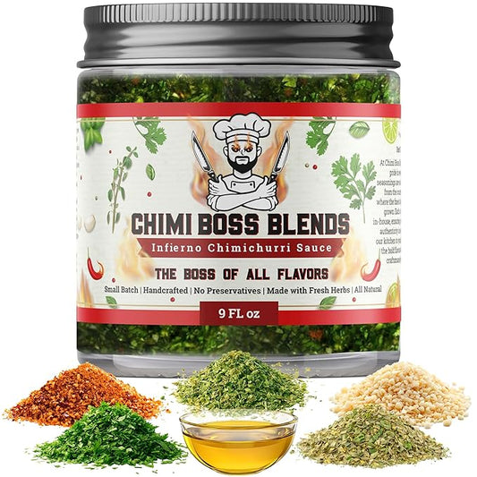 Chimi Boss Infierno Chimichurri Sauce, 9 fl oz – Spicy Argentinian Green Sauce with Fresh Parsley