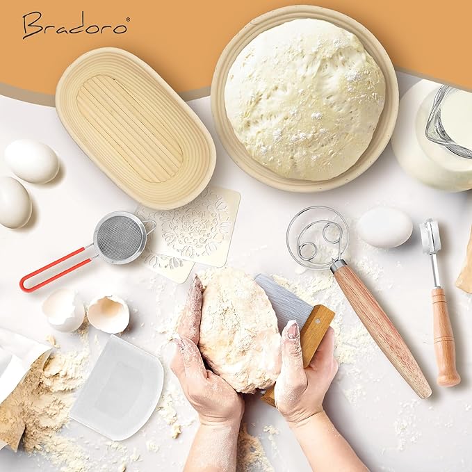 Banneton Bread Proofing Basket Set, 10 Inch Oval & 10 Inch Round Whicker Bread Proofing Baskets with Sourdough Bread Baking Supplies, Bread Making Kit Decorators Edition