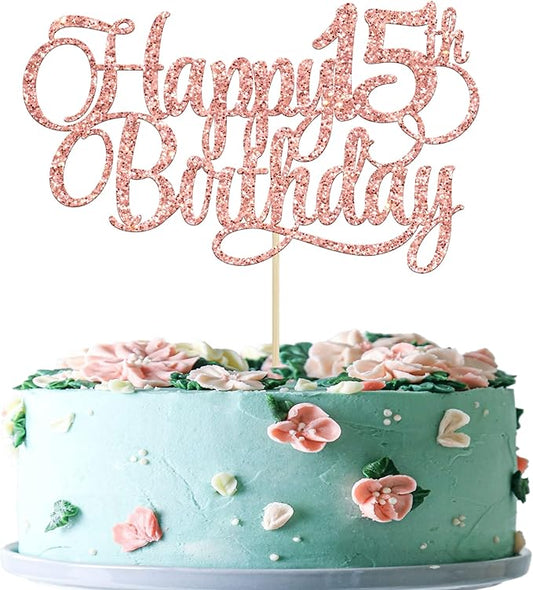 1 Pack Happy 15th Birthday Cake Topper Glitter Number 15 Fifteen Years Old Birthday Cake Pick Decoration for 15th Birthday Celebrating Anniversary Party Supplies Rose Gold