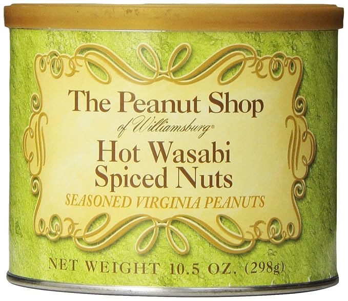 The Peanut Shop of Williamsburg Wasabi Spiced Virginia Peanuts, Extra Large Salted Williamsburg Va Peanuts with Japanese Horseradish, Kosher Certified - 10.5 Oz Tin