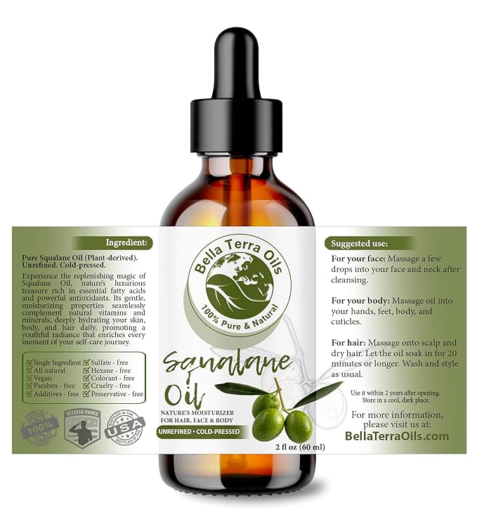 Bella Terra Oils - Organic Squalane Oil 2 oz - Rich Legacy, Infused with Hydrogenated Squalene, Superior Olive-Derived, Carrier Oil Experience Ideal for Skin and Hair