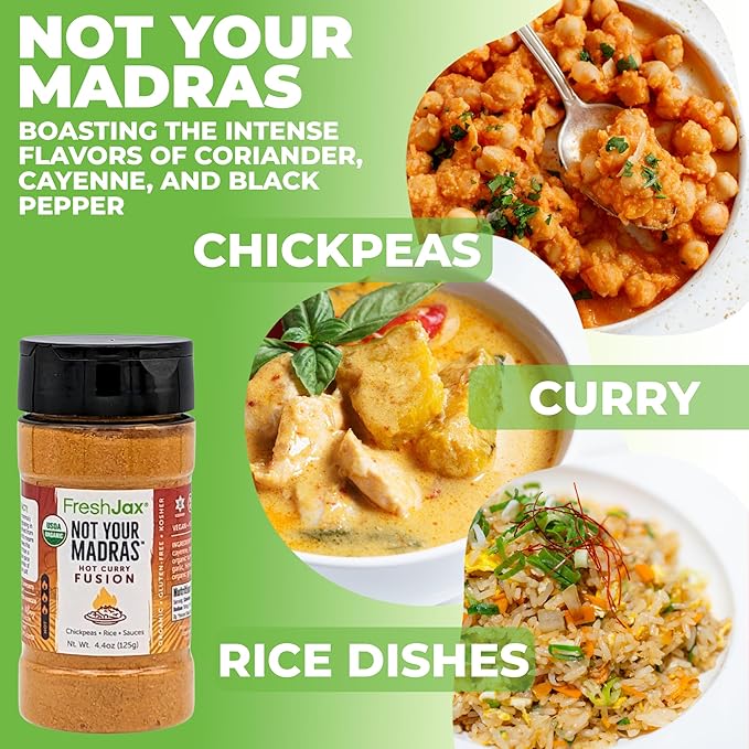 FreshJax Not Your Madras Hot Curry Fusion (4.4 oz Bottle) | Non-GMO, Gluten-Free, Keto, Paleo, No Preservatives | Spicy Red Curry Seasoning for Cooking | Handcrafted in Jacksonville