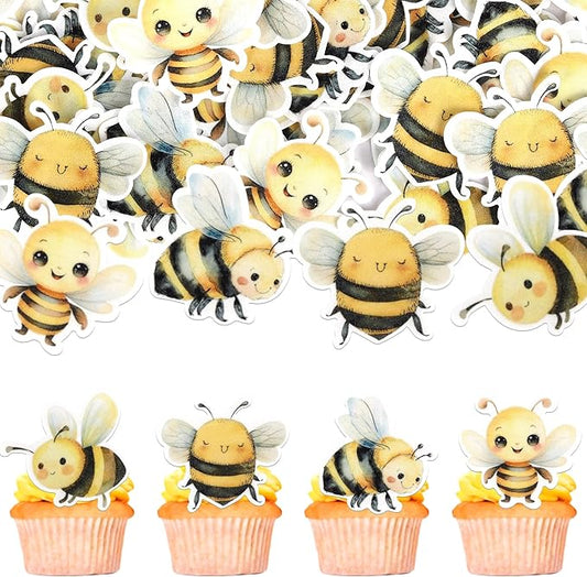 60 Pack Edible Bumble Bee Cake Topper Oh Babee Cupcake Picks Water Bumble Cake Decorations for Christmas Boy or Girl Baby Shower Kids Birthday Party Supplies