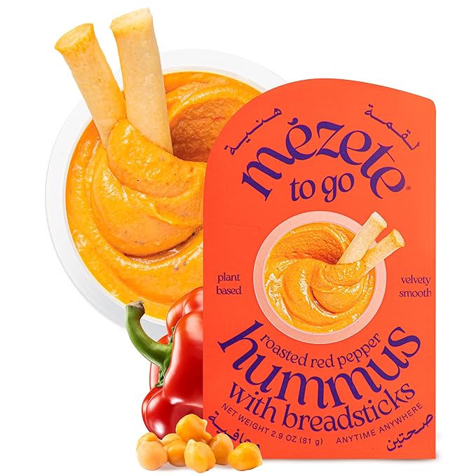 Mezete Roasted Red Pepper Hummus with Breadsticks | Traditional Recipe | Tahini Rich Vegan Dip & Spread | All-Natural Gourmet Dip | Halal | Gluten-Free | No Preservatives | 81g