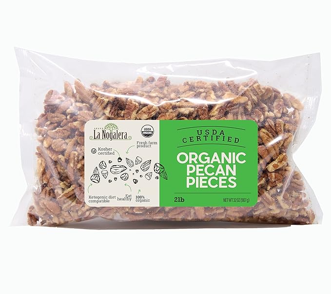 La Nogalera Organic - USDA and CCOF Certified Organic Pecan Pieces in 2 pound bag. Chopped Pecan Nuts, NO SHELL, Non-GMO, Kosher and Halal Certified and Ketogenic friendly
