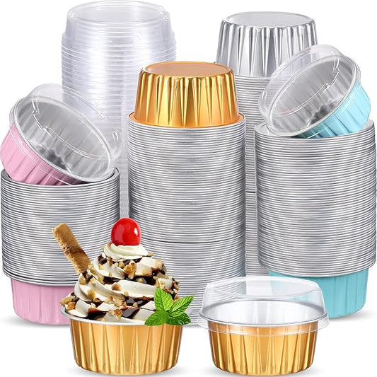 150 Pcs Cupcake Liners with Lids 5 oz Aluminum Foil Cupcake Baking Cups Disposable Ramekins Muffin Cups Mini Aluminum Pans with Lids Holder for Creme Brulee(Gold Silver Pink Blue)