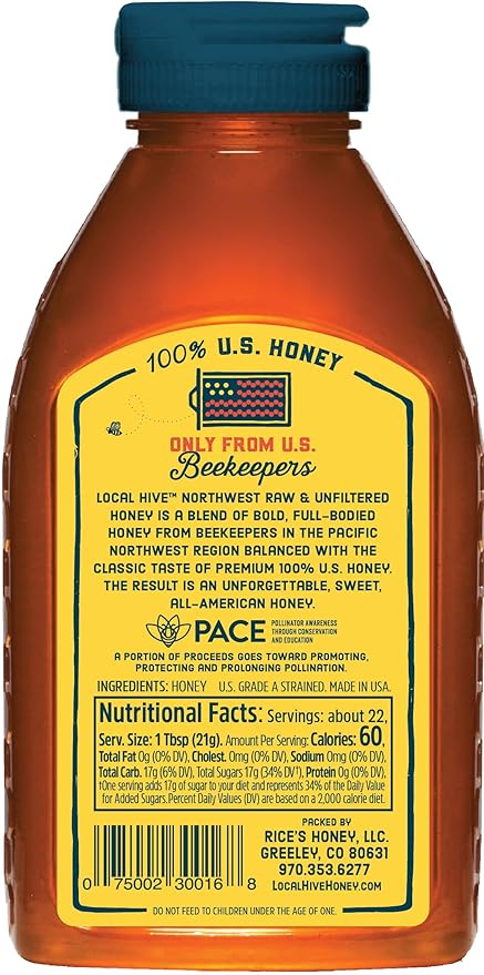 Local Hive Northwest Raw Unfiltered Honey – 16 oz, 100% Pure US Honey, Sourced from American Bees and Beekeepers - Natural Sweetener, Ideal for Tea, Baking, and Cooking