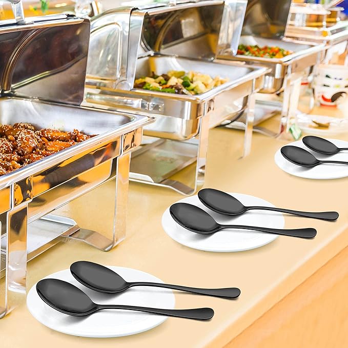 LIANYU Black Serving Spoons Set of 6, 9.8 Inch Stainless Steel Large Dinner Buffet Catering Banquet Serving Spoons, Mirror Finish, Dishwasher Safe