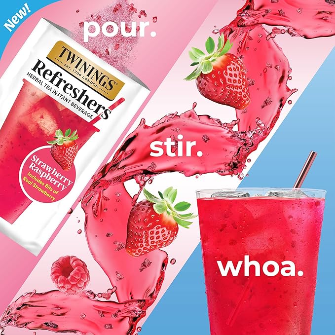NEW Twinings Strawberry Raspberry Refreshers, Herbal Tea Instant Beverage with Real Strawberry Fruit Bits, 5 Count (Pack of 1), Café Style, No Artificial Sweeteners, Naturally Caffeine-Free, 5 Packets