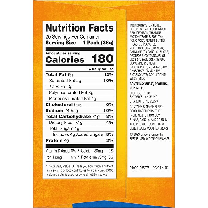 Lance Sandwich Crackers, Toasty Peanut Butter, 20 Individually Wrapped Packs, 6 Sandwiches Each
