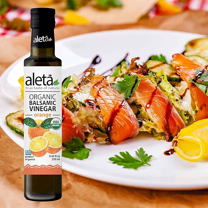 Aleta Farms Balsamic Vinegar, Greek Organic Orange Infused Aged Balsamic Vinegar, USDA Organic, Perfect for Salad Dressings, Pasta, Desserts & Cocktails, Glass Bottle, 8.45 fl oz (Orange)