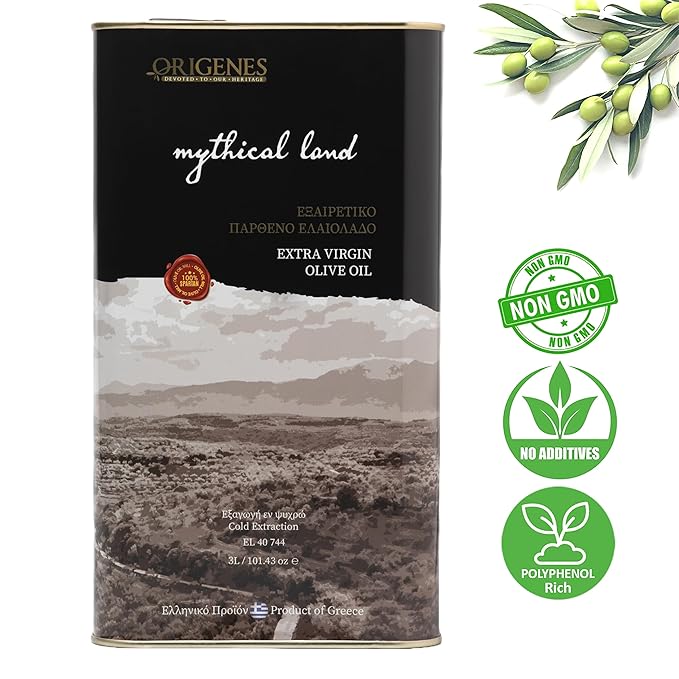 Extra Virgin Olive Oil Tin, Great Taste Cold Pressed, Polyphenol Rich EVOO, KORONEIKI Olive Oil Extra Virgin, EVOO from the Land of Sparta 3lt Tin