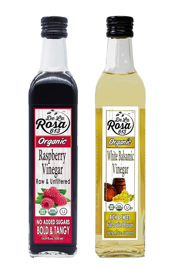 De La Rosa Organic Raspberry and White Balsamic Vinegar, Vegan, Kosher, Non-GMO & Gluten Free, Great for Salad Dressings, Marinades and More 16.9 Oz (pack of 2)