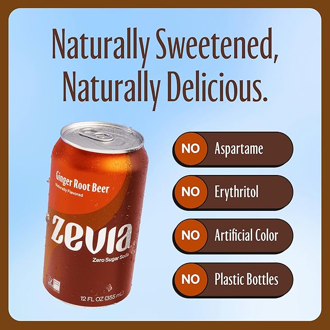 Zevia Zero Sugar Soda, Ginger Root Beer, 12 oz Cans (8-Pack) ??Naturally Sweetened, Non-GMO Project Verified, Gluten-Free, Vegan