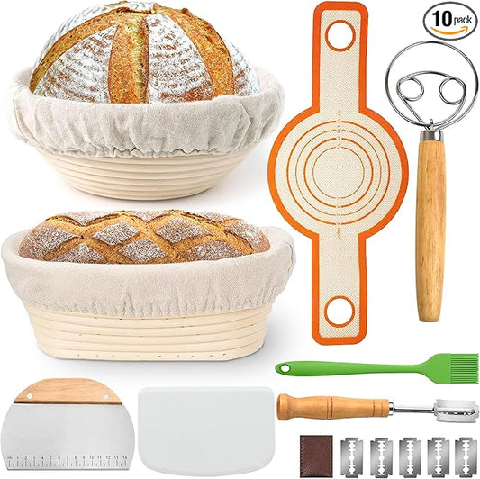 Banneton Bread Proofing Basket Set, 9 Inch Round & 10 Inch Oval Sourdough Bread Baking Supplies - Complete Bread Proofing Basket Kit for Home and Commercial Use, With Gift Box