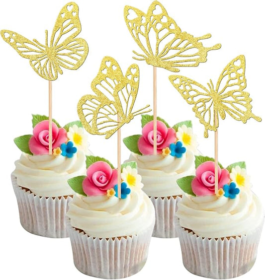 Rsstarxi 24 Pack Butterfly Cupcake Toppers Gold Glitter Assembled Butterfly Baby Shower Cupcake Picks for Wedding Engagement Bridal Shower Kids Birthday Party Cake Decorations Supplies