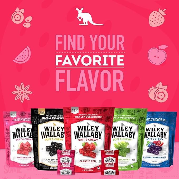 Wiley Wallaby Mini Licorice Bites 0.5 Ounce Classic Gourmet Soft & Chewy Australian Classic Red and Watermelon Licorice Candy Bags, 80 Pack