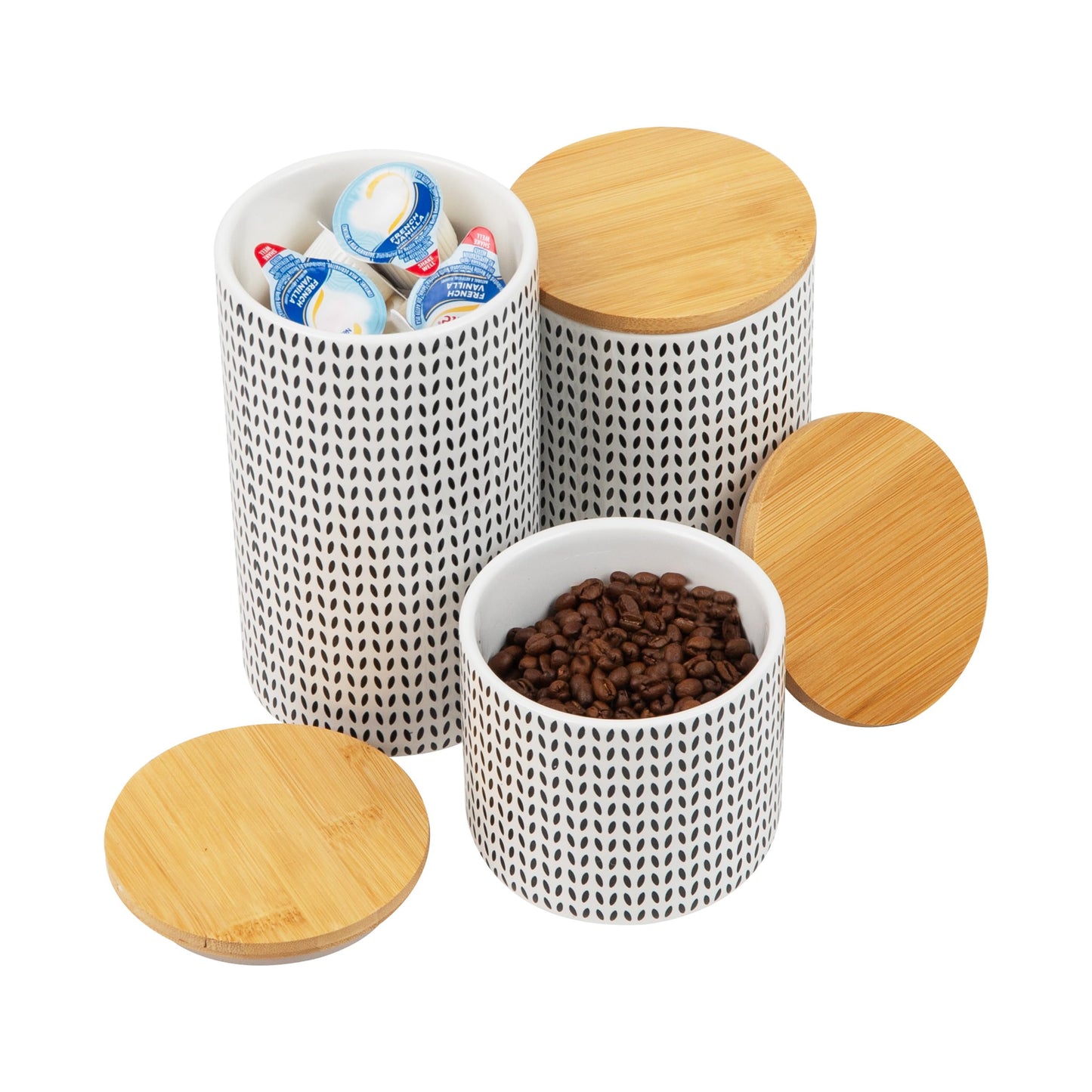 Mind Reader 3-Piece Canister Set, Sugar Container, Coffee Storage, Lids, Kitchen, Ceramic, 4"L x