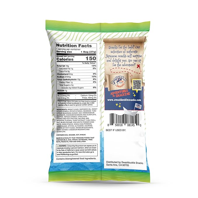 Japanese Tempura Seaweed Snack Chips, Noriten ??Yuzu Flavor | 0.95oz x 5 | Made in Japan by Swashbuckle Snacks