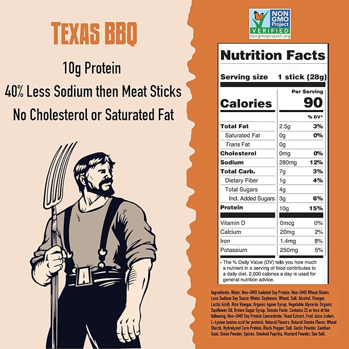 AGRO POWER Vegan Jerky Sticks ??Texas BBQ Flavor ??7-Stick Bag of Plant-Based Jerky with 10g Protein ??Non-GMO, Low Sodium, High Protein Vegan Snack ??Vegetarian Meat Alternative