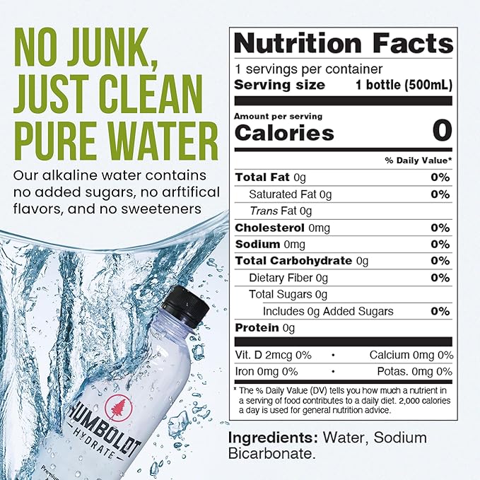 Humboldt Hydrate Bottled Alkaline Water - Infused with Electrolytes ??Ionized Case of Water 99.9% Pure - 8+ pH water for Smooth Clean Taste 16.9 FL OZ - BPA Free Bottled Water 12 Pack (500 ML)