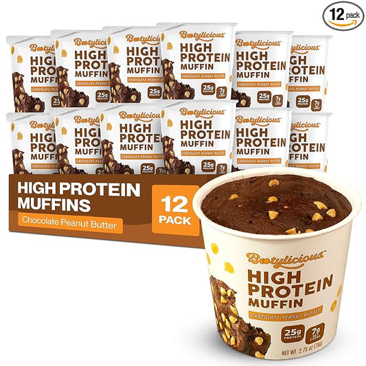 Bootylicious | High-Protein Muffin | 25g Protein, 7g Net Carbs, 2.32-2.75oz Cup, 12-Pack (Chocolate Peanut Butter)