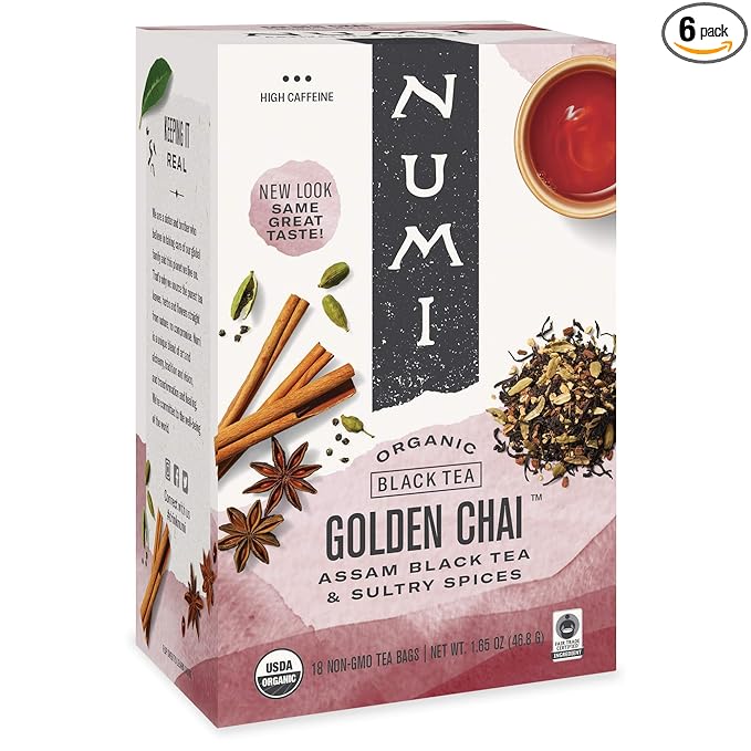 Numi Organic Tea Golden Chai, 18 Count Box of Tea Bags (Pack of 6) Black Tea