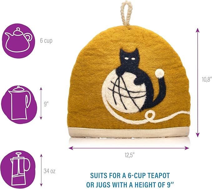 Tea Cozy for Teapot Large - Keep Your Brew Warm and Stylish with This Felted Tea Cosy, Enhancing Flavor and Aesthetics - Fits 6-Cup Teapot & 34oz French Press (Black cat, ocher)
