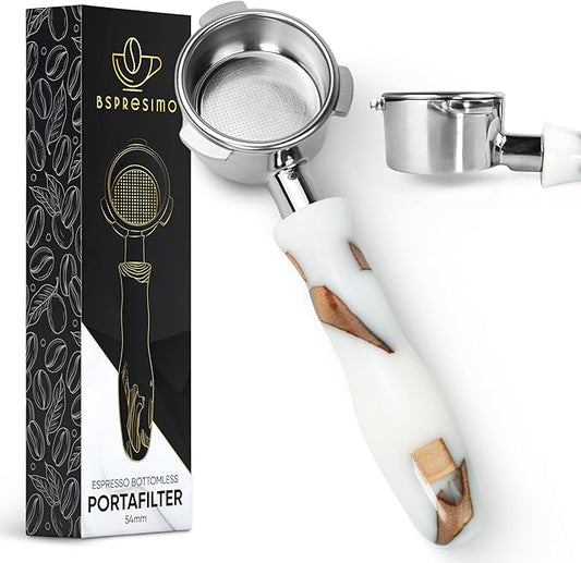 54mm Bottomless Portafilter Modern Handle ??Includes Stainless Steel Naked Basket ??Fits Breville Barista Express & 54mm Breville Espresso Machines - Espresso Machine Accessories ??White