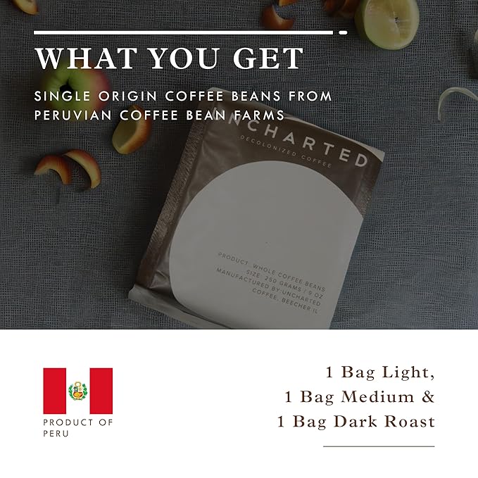 Single-Origin Organic Coffee Beans Gift Box, Light, Medium or Dark Roast Organic Whole Bean Coffee, 3 Pack Explorer, 9 oz each, 1740 Peru by Uncharted Coffee