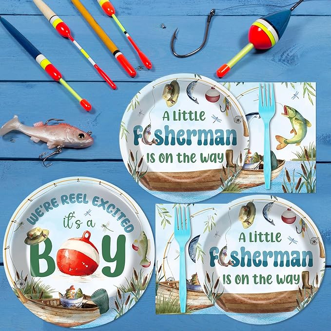 96Pcs A Little Fisherman Is On The Way Plates and Napkins Baby Shower Party Decorations Gone Fishing Dessert Disposable Plates It's A Boy Tableware Set for 24 Guests Baby Boy Birthday Party Supplies