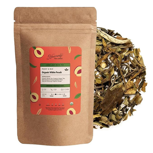 Heavenly Tea Leaves Organic White Peach, Loose Leaf White Tea, 4 oz. (Approx. 50 Cups of Tea) - Peach Aroma, Natural Sweet Taste, Lightly Caffeinated, Antioxidant Rich