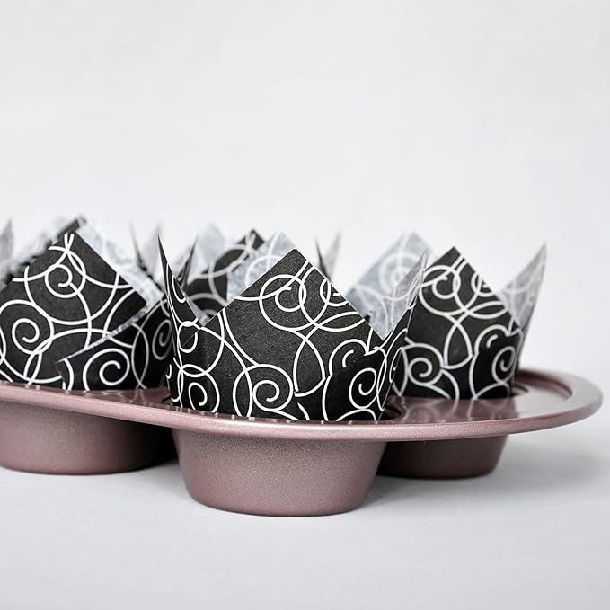 Muffin Greaseproof paper Baking cupcake cups, 2"(Bottom diameter) x 3-1/2"(Height) Black Fancy Floral Print Tulip Baking Cup Case of 125 pcs (125, Standard)
