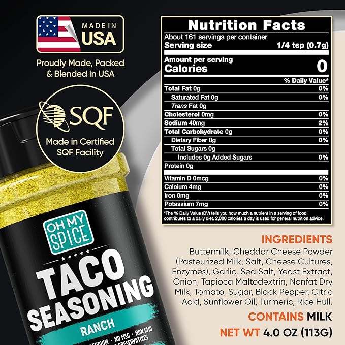 Taco Seasoning Mix Ranch Seasoning Powder - Gluten Free & Low Sodium Mexican Seasonings Blend for Taco Tuesday Night. Ranch Dressing Powder for Fajita & Burrito. Street Tacos Spices Toppings. 4oz