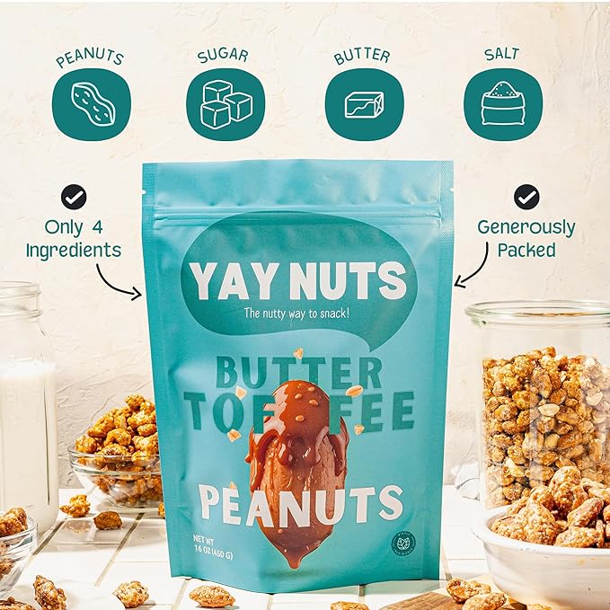 YAY NUTS Butter Toffee Peanuts ??All-Natural Sweet & Salty Snack, Crunchy Roasted Peanuts Coated in Rich Caramelized Butter Toffee, Made in USA, Guilt-Free Snacking with Real Ingredients - 16oz (450g)
