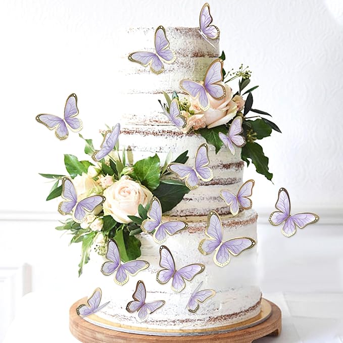 30pcs Purple Gold Edge Mixed Size Lively 3D Waterproof Butterfly Cupcake Topper for Girls Women's Happy Birthday Wedding Party Cake Wall Party Food Decorations