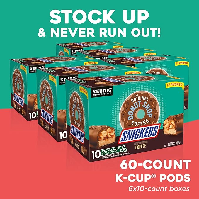 The Original Donut Shop Snickers Coffee, Keurig Single Serve K-Cup Pods, Flavored Coffee, 60 Count, (6 Packs of 10)