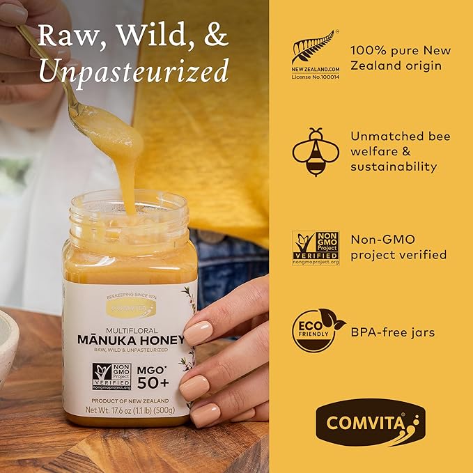 Comvita Manuka Honey MGO 50+ Multifloral - Raw Manuka Honey New Zealand, Pure & Unpasteurized for Tea & Wellness, Superfood Sugar Alternative, Wild, Non-GMO - 500g (17.6 oz)