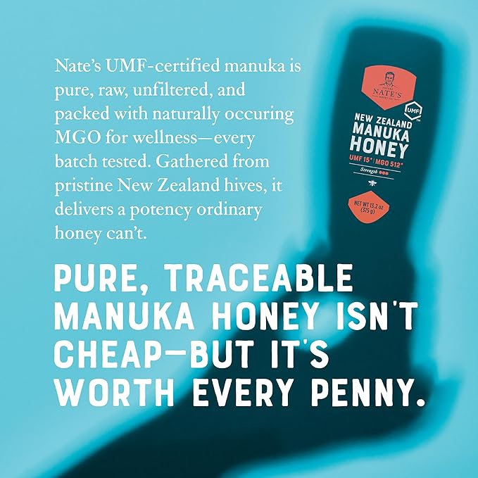 Nate's Raw Manuka Honey New Zealand MGO 512+ | UMF Certified 15+ | 13.2 oz Squeeze Bottle